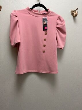 Pink Puff Sleeve Button-Accent Women's Blouse